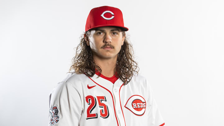 Feb 18, 2025; Goodyear, AZ, USA; Cincinnati Reds pitcher Rhett Lowder poses for a portrait during Media Day at the Cincinnati Reds Development Complex. Mandatory Credit: Mark J. Rebilas-Imagn Images