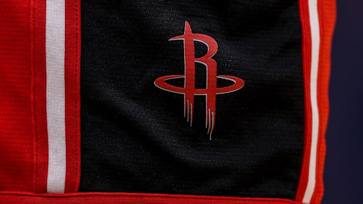 Nov 12, 2022; New Orleans, Louisiana, USA;  Detailed view of the Houston Rockets logo during warm ups before the game against the New Orleans Pelicans at Smoothie King Center. Mandatory Credit: Stephen Lew-Imagn Images