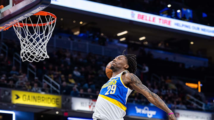 Feb 3, 2026; Indianapolis, Indiana, USA; Indiana Pacers guard Quenton Jackson (29) shoots the ball in the second half against the Utah Jazz at Gainbridge Fieldhouse. Mandatory Credit: Trevor Ruszkowski-Imagn Images