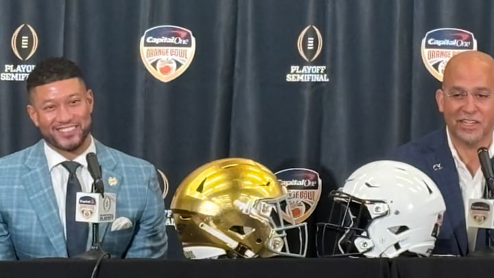 Notre Dame coach Marcus Freeman and Penn State coach James Franklin speak at a press conference before the Orange Bowl. Notre Dame coach Marcus Freeman and Penn State coach James Franklin speak at a press conference before the Orange Bowl.