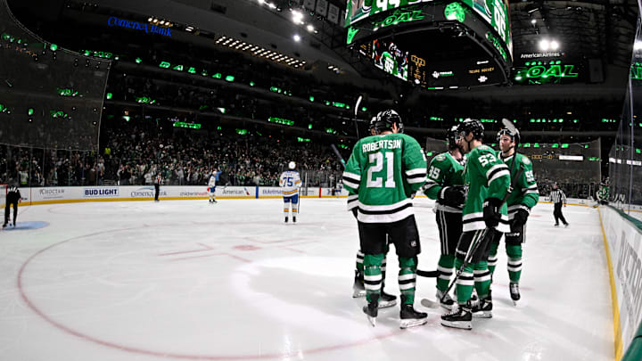 Jan 23, 2026; Dallas, Texas, USA; Dallas Stars left wing Jason Robertson (21) and center Matt Duchene (95) and defenseman Thomas Harley (55) and center Wyatt Johnston (53) celebrates a power play goal scored by Duchene against the St. Louis Blues during the second period at the American Airlines Center. Mandatory Credit: Jerome Miron-Imagn Images