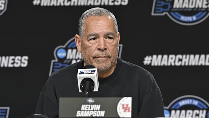 Mar 25, 2026; Houston, TX, USA; Houston Cougars head coach Kelvin Sampson speaks during a practice session press conference ahead of the south regional of the men's 2026 NCAA Tournament at Toyota Center. Mandatory Credit: Maria Lysaker-Imagn Images