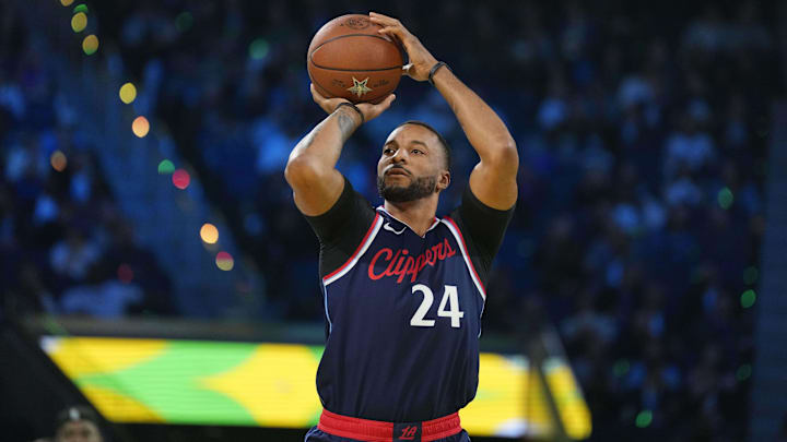 Feb 15, 2025; San Francisco, CA, USA; LA Clippers guard Norman Powell (24) competes in the three-point contest during All Star Saturday Night ahead of the 2025 NBA All Star Game at Chase Center. Mandatory Credit: Kyle Terada-Imagn Images