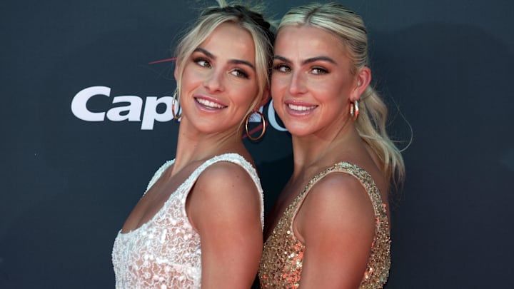 Hanna Cavinder and Haley Cavinder arrive on the red carpet before the 2023 ESPYS at the Dolby Theatre.