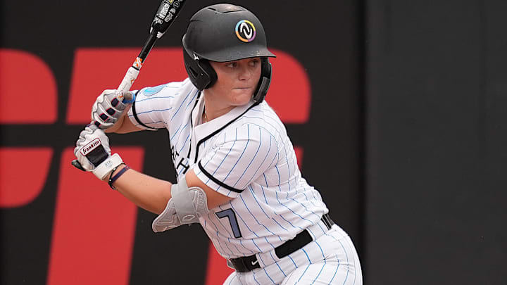 Erin Coffel, a Team Kowalik member in Series 3 of the AUSL All-Star Cup, bats for Team McQuillin during an Athletes Unlimited Pro Softball Championship (the former name of the league) game against Team Kilfoyl at Max R. Joyner Family Stadium on Aug. 7, 2024 in Greenville, N.C.
