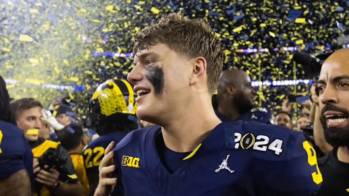 Jan 8, 2024; Houston, TX, USA; Confetti falls as Michigan Wolverines quarterback J.J. McCarthy (9)