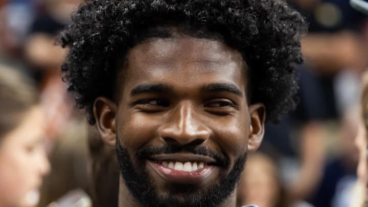 Apr 3, 2026; Phoenix, AZ, USA; Shedeur Sanders in attendance of the South Carolina Gamecocks game against the UConn Huskies during the semifinal of the Final Four of the women's 2026 NCAA Tournament at Mortgage Matchup Center. Mandatory Credit: Mark J. Rebilas-Imagn Images