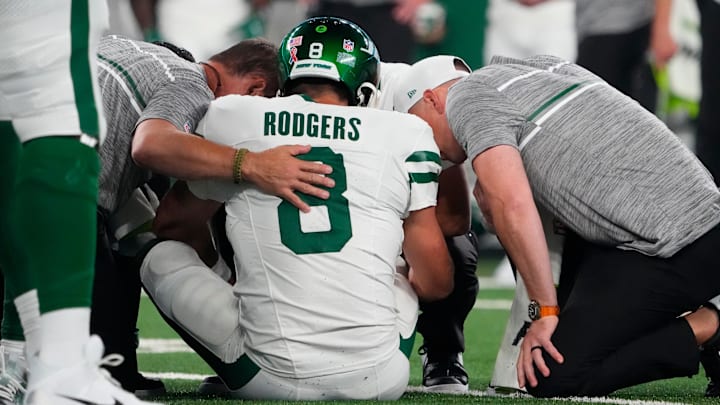 Sep 11, 2023; East Rutherford, New Jersey, USA; New York Jets quarterback Aaron Rodgers (8) is