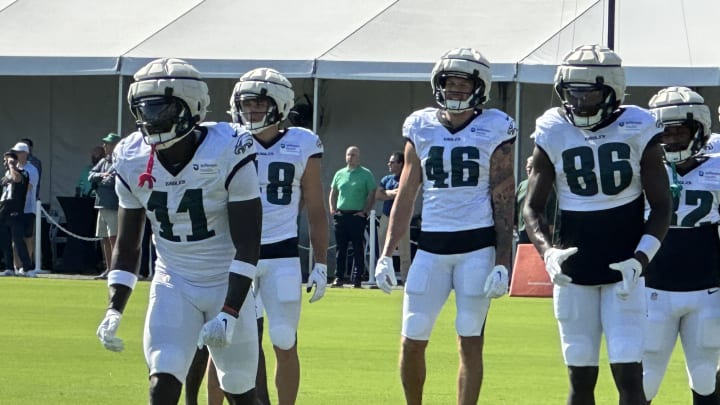 A.J. Brown and a host of Eagles receivers during training camp. A.J. Brown and a host of Eagles receivers during training camp.
