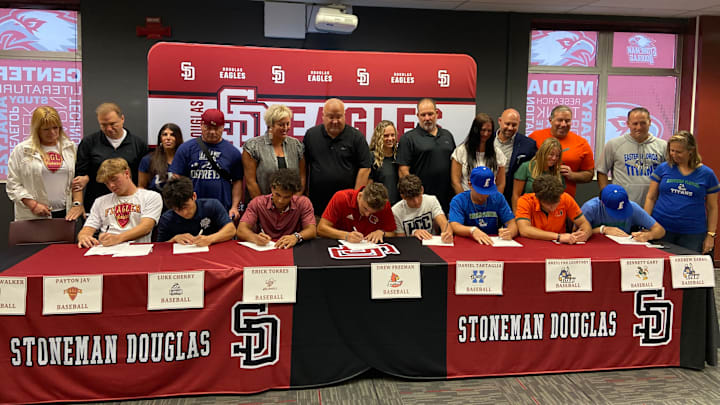Marjory Stoneman Douglas, the No. 1 team in our Top 25 Florida Preseason High School Baseball Rankings, had eight players make their college commitments official on National Signing Day. 