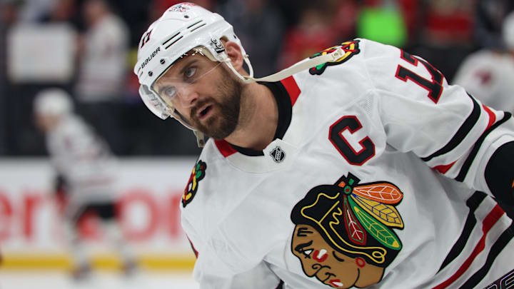 Feb 25, 2025; Salt Lake City, Utah, USA; Chicago Blackhawks left wing Nick Foligno (17) warms up before a game against the Utah Hockey Club at Delta Center. Mandatory Credit: Rob Gray-Imagn Images