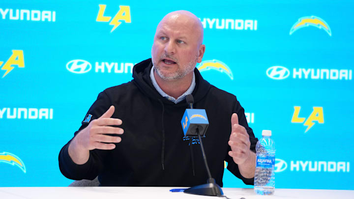 Apr 17, 2025; El Segundo, CA, USA; Los Angeles Chargers general manager Joe Hortiz at press conference at The Bolt. 