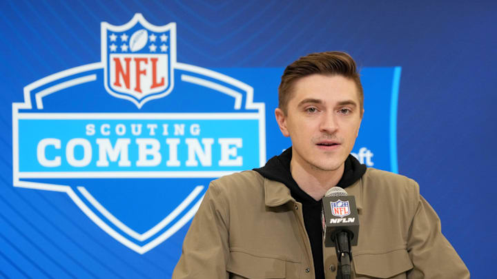Feb 25, 2025; Indianapolis, IN, USA; Jacksonville Jaguars general manger James Gladstone speaks during the NFL Scouting Combine at the Indiana Convention Center. Mandatory Credit: Kirby Lee-Imagn Images Feb 25, 2025; Indianapolis, IN, USA; Jacksonville Jaguars general manger James Gladstone speaks during the NFL Scouting Combine at the Indiana Convention Center. Mandatory Credit: Kirby Lee-Imagn Images