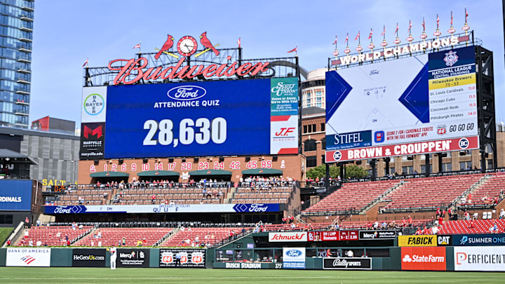 Aug 22, 2024; St. Louis, Missouri, USA;  A general view of the scoreboard as they announce today’s attendance during the eighth inning of a game between the St. Louis Cardinals and the Milwaukee Brewers at Busch Stadium. Mandatory Credit: Jeff Curry-Imagn Images