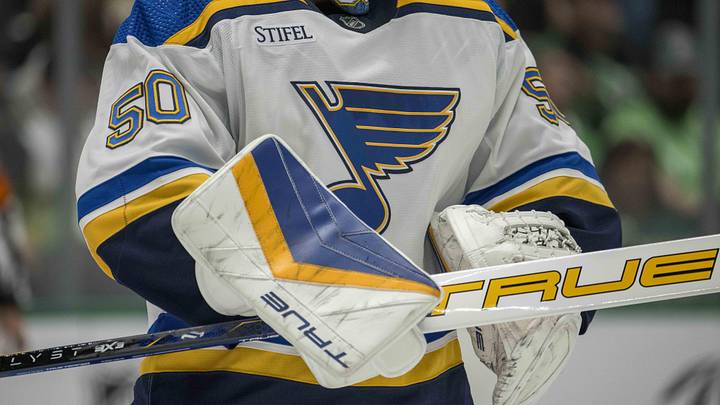 Oct 12, 2023; Dallas, Texas, USA; A view of the logo of the jersey of St. Louis Blues goaltender Jordan Binnington (50) during the game between the Dallas Stars and the St. Louis Blues  at the American Airlines Center. Mandatory Credit: Jerome Miron-Imagn Images