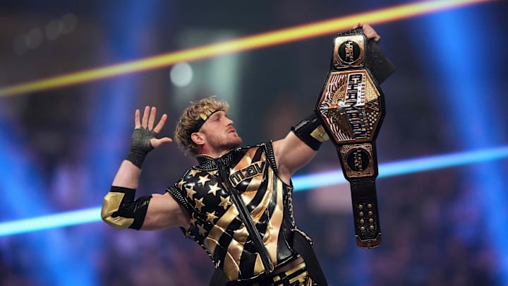 Jan 27, 2024; St. Petersburg, FL, USA; Logan Paul enters the arena during the Royal Rumble at
