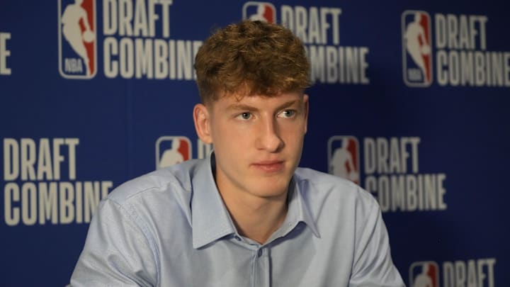 May 14, 2025; Chicago, Il, USA; Kasparas Jakucionis talks to the media during the 2025 NBA Draft Combine at Marriott Marquis Chicago. Mandatory Credit: David Banks-Imagn Images