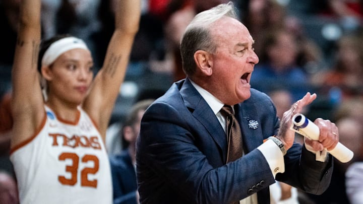 Texas Longhorns head coach Vic Schaefer yells to his team in the first half of the Longhorns' NCAA Playoff Regional final game against the TCU Horned Frogs at Legacy Arena in Birmingham Alabama, March 31, 2025. Texas Longhorns head coach Vic Schaefer yells to his team in the first half of the Longhorns' NCAA Playoff Regional final game against the TCU Horned Frogs at Legacy Arena in Birmingham Alabama, March 31, 2025.