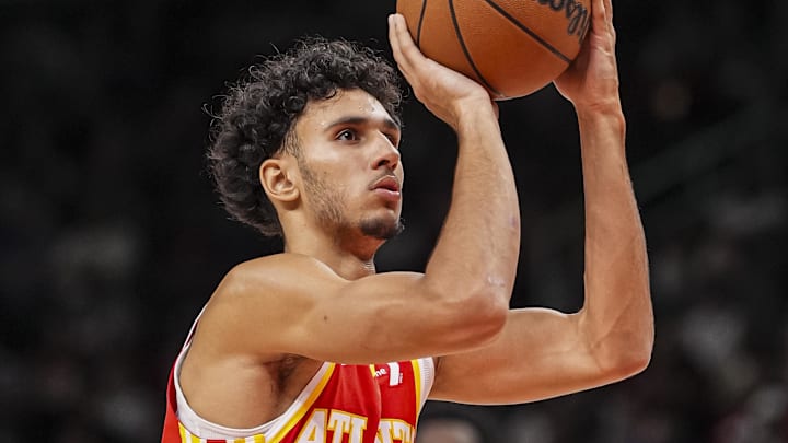 Nov 6, 2024; Atlanta, Georgia, USA; Atlanta Hawks forward Zaccharie Risacher (10) shoots a free throw against the New York Knicks during the second half at State Farm Arena. Mandatory Credit: Dale Zanine-Imagn Images Nov 6, 2024; Atlanta, Georgia, USA; Atlanta Hawks forward Zaccharie Risacher (10) shoots a free throw against the New York Knicks during the second half at State Farm Arena. Mandatory Credit: Dale Zanine-Imagn Images