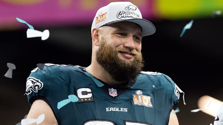 Feb 9, 2025; New Orleans, LA, USA; Philadelphia Eagles  offensive tackle Lane Johnson (65) celebrates after defeating the Kansas City Chiefs during Super Bowl LIX at Ceasars Superdome. 