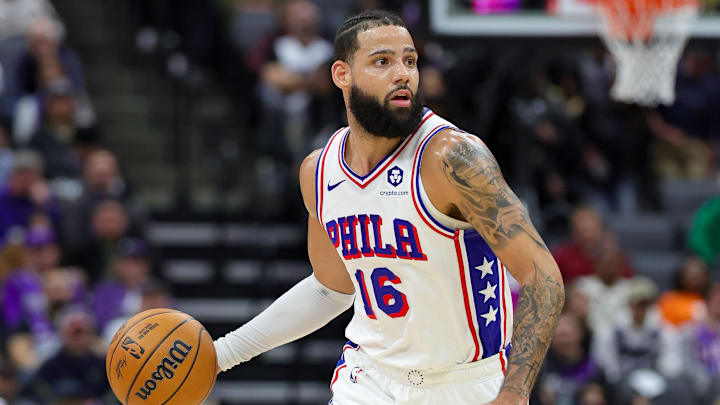 Jan 1, 2025; Sacramento, California, USA; Philadelphia 76ers forward Caleb Martin (16) during the game against the Sacramento Kings at Golden 1 Center. Mandatory Credit: Sergio Estrada-Imagn Images