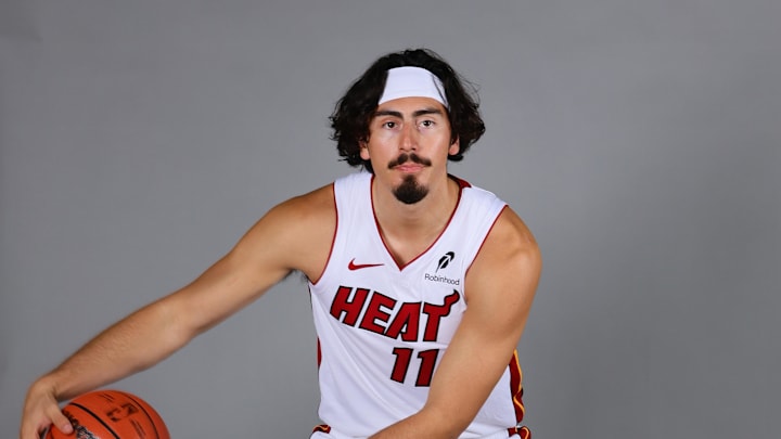 Sep 30, 2024; Miami, FL, USA; Miami Heat guard Jaime Jaquez Jr. (11) poses for a photo during media day at Kaseya Center 