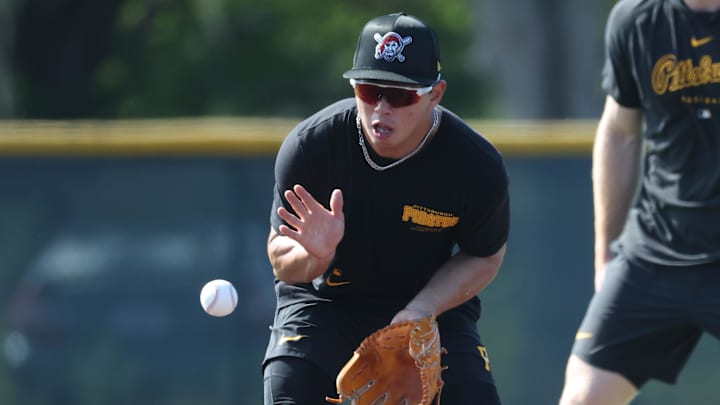 Feb 14, 2025; Bradenton, FL, USA;  Pittsburgh Pirates shortstop Tsung-Che Cheng (71) during spring training workouts at Pirate City. Mandatory Credit: Kim Klement Neitzel-Imagn Images