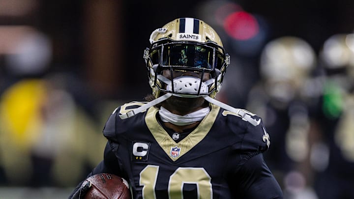 Sep 14, 2025; New Orleans, Louisiana, USA; New Orleans Saints wide receiver Brandin Cooks (10) during warmups against the San Francisco 49ers at Caesars Superdome. Mandatory Credit: Stephen Lew-Imagn Images