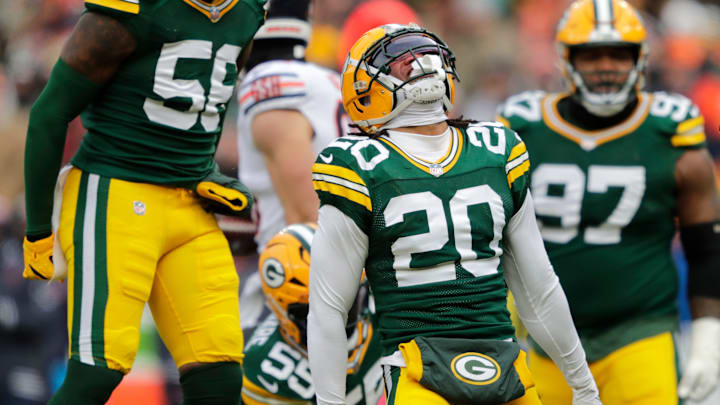 Green Bay Packers safety Javon Bullard (20) celebrates making a tackle against the Chicago Bears in Week 18.