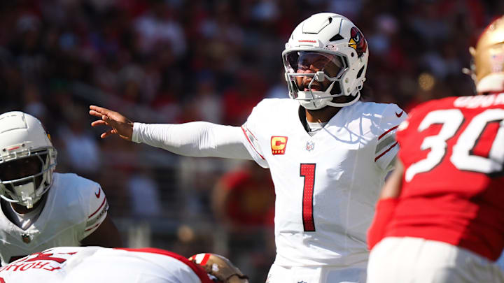 Oct 6, 2024; Santa Clara, California, USA; Arizona Cardinals quarterback Kyler Murray (1) calls out a play against the San Francisco 49ers during the second quarter at Levi's Stadium. Mandatory Credit: Kelley L Cox-Imagn Images