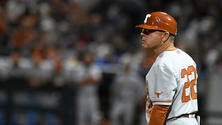 Texas' head baseball coach David Pierce stands on the third base line at the game against Texas A&M-Corpus Christi, Tuesday, Feb. 22, 2022, at Whataburger Field. Texas won, 12-0.