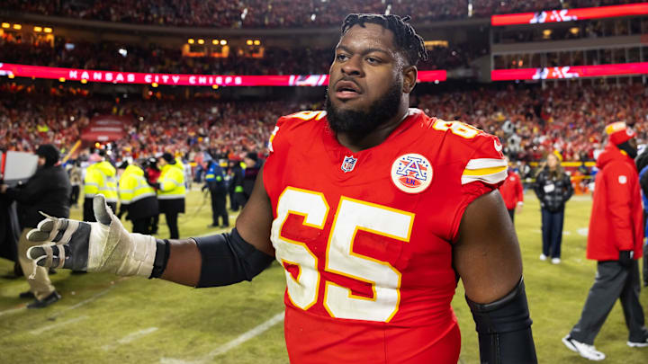 Jan 26, 2025; Kansas City, MO, USA; Kansas City Chiefs guard Trey Smith (65) against the Buffalo Bills in the AFC Championship game at GEHA Field at Arrowhead Stadium. Mandatory Credit: Mark J. Rebilas-Imagn Images Jan 26, 2025; Kansas City, MO, USA; Kansas City Chiefs guard Trey Smith (65) against the Buffalo Bills in the AFC Championship game at GEHA Field at Arrowhead Stadium. Mandatory Credit: Mark J. Rebilas-Imagn Images