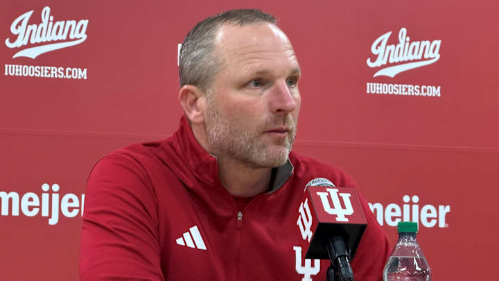 Indiana basketball coach Darian DeVries speaks with reporters Nov. 16, 2025, after beating Incarnate Word at Assembly Hall.