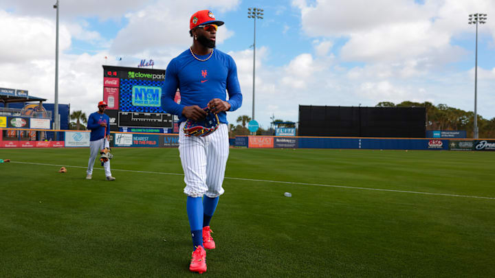 Feb 17, 2026; Port St. Lucie, FL, USA; New York Mets outfielder Luis Robert Jr. (88) looks on from the field during spring training at Clover Park. 