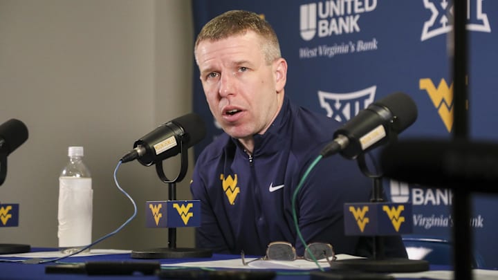 Feb 28, 2026; Morgantown, West Virginia, USA; West Virginia Mountaineers head coach Ross Hodge answers questions from the media after defeating the BYU Cougars at Hope Coliseum. Mandatory Credit: Ben Queen-Imagn Images