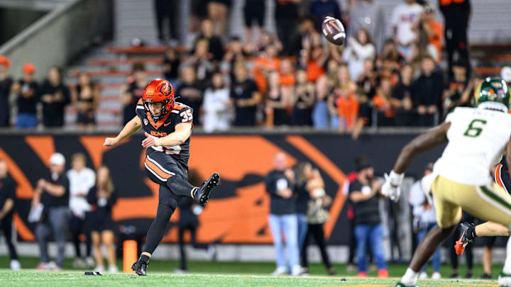 Oct 5, 2024; Corvallis, Oregon, USA; Oregon State Beavers place kicker Everett Hayes (35) kicks off during the fourth quarter against the Colorado State Rams at Reser Stadium. Mandatory Credit: Craig Strobeck-Imagn Images