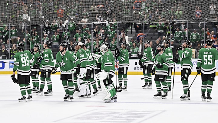 May 29, 2025; Dallas, Texas, USA; The Dallas Stars skate off the ice after losing to the Edmonton Oilers in game five of the Western Conference Final of the 2025 Stanley Cup Playoffs at American Airlines Center. Mandatory Credit: Jerome Miron-Imagn Images
