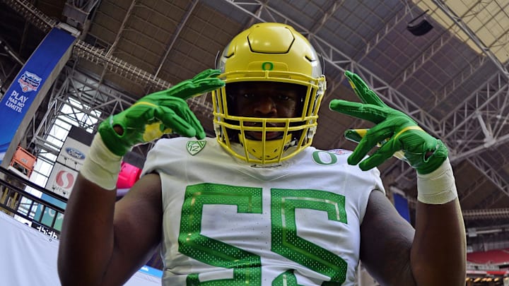 Jan 2, 2021; Glendale, AZ, USA; Oregon Ducks offensive lineman Marcus Harper II (55) prior to the