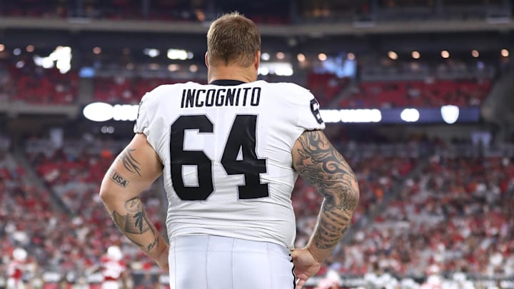 Aug 15, 2019; Glendale, AZ, USA; Oakland Raiders guard Richie Incognito (64) during a preseason game against the Arizona Cardinals at State Farm Stadium. Mandatory Credit: Mark J. Rebilas-Imagn Images Aug 15, 2019; Glendale, AZ, USA; Oakland Raiders guard Richie Incognito (64) during a preseason game against the Arizona Cardinals at State Farm Stadium. Mandatory Credit: Mark J. Rebilas-Imagn Images