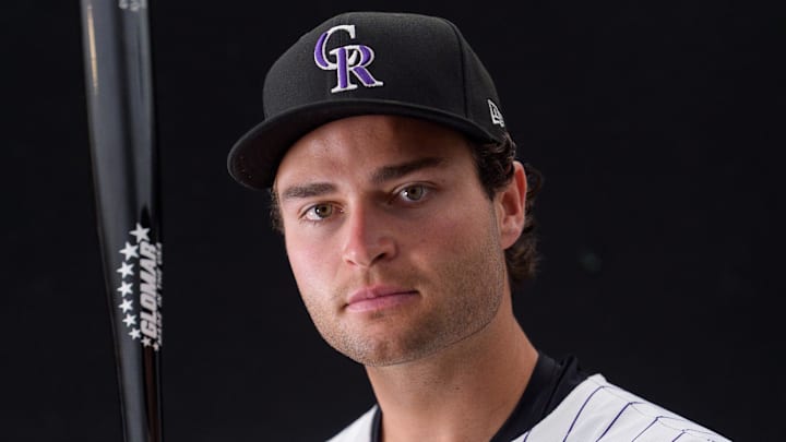 Feb 20, 2025; Scottsdale, AZ, USA;  Colorado Rockies infielder Kyle Karros (80) as shot during MLB Media Day at Salt River Fields