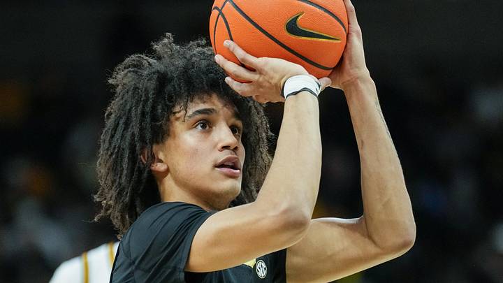 Feb 18, 2026; Columbia, Missouri, USA; Vanderbilt Commodores guard Tyler Tanner (3) shoots a free throw against the Missouri Tigers during the second half of the game at Mizzou Arena. Mandatory Credit: Denny Medley-Imagn Images