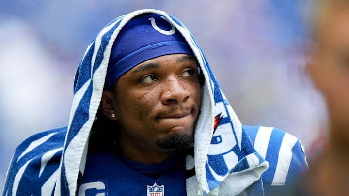 Indianapolis Colts quarterback Anthony Richardson (5) leaves the field Sunday, Sept. 8, 2024, after losing a game 29-27 to the Houston Texans at Lucas Oil Stadium in Indianapolis.