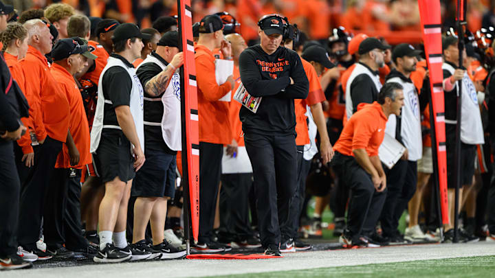 Sep 26, 2025; Corvallis, Oregon, USA; Oregon State Beavers head coach Trent Bray looks on from the sidelines during the fourth quarter against the Houston Cougars at Reser Stadium. Mandatory Credit: Craig Strobeck-Imagn Images