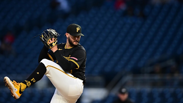 Apr 8, 2025; Pittsburgh, Pennsylvania, USA; Pittsburgh Pirates starting pitcher Paul Skenes (30) throws a pitch during the fifth inning against the St. Louis Cardinals at PNC Park. Mandatory Credit: David Dermer-Imagn Images