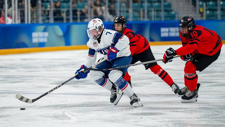 Jan 30, 2024; Gangwon-do, KOR; Shaeffer Gordon-Carroll (USA) skates with the puck while under pressure from Markus Ruck (CAN) and Adam Valentini (CAN) in the Ice Hockey Men’s 6-on-6 Tournament Semifinals between Canada and (USA) at the Gangneung Hockey Centre. The Winter Youth Olympic Games, Gangwon, South Korea, Tuesday 30 January 2024. Mandatory Credit: OIS/Thomas Lovelock-USA TODAY Sports Jan 30, 2024; Gangwon-do, KOR; Shaeffer Gordon-Carroll (USA) skates with the puck while under pressure from Markus Ruck (CAN) and Adam Valentini (CAN) in the Ice Hockey Men’s 6-on-6 Tournament Semifinals between Canada and (USA) at the Gangneung Hockey Centre. The Winter Youth Olympic Games, Gangwon, South Korea, Tuesday 30 January 2024. Mandatory Credit: OIS/Thomas Lovelock-USA TODAY Sports
