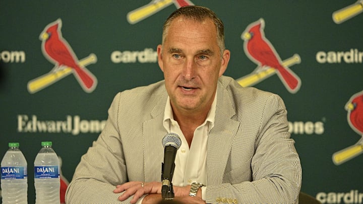 Jul 30, 2023; St. Louis, Missouri, USA;  St. Louis Cardinals president of baseball operations John Mozeliak talks with the media after the Cardinals traded relief pitcher Jordan Hicks (not pictured) starting pitcher Jordan Montgomery (not pictured) and relief pitcher Chris Stratton (not pictured) at Busch Stadium. Mandatory Credit: Jeff Curry-Imagn Images