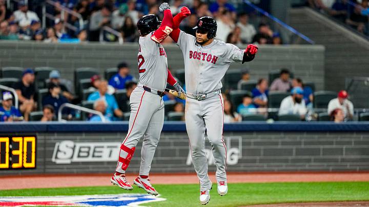 Aug 12, 2026; Toronto, Ontario, CAN;  Boston Red Sox first baseman Willson Contreras (40) celebrates hitting a home run against the Toronto Blue Jays with right fielder Wilyer Abreu (52) during the fifth inning at Rogers Centre. Mandatory Credit: Kevin Sousa-Imagn Images