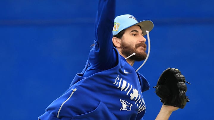 Feb 11, 2026; Dunedin, FL, USA; Toronto Blue Jays pitcher Dylan Cease (84) works out for spring training practice at Blue Jays Player Development Complex. Mandatory Credit: Kim Klement Neitzel-Imagn Images