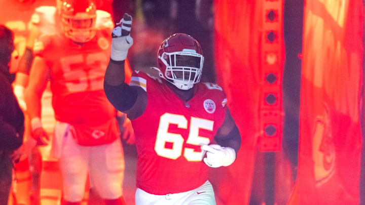 Jan 26, 2025; Kansas City, MO, USA; Kansas City Chiefs guard Trey Smith (65) against the Buffalo Bills in the AFC Championship game at GEHA Field at Arrowhead Stadium. Mandatory Credit: Mark J. Rebilas-Imagn Images