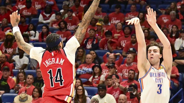 Apr 27, 2024; New Orleans, Louisiana, USA;Oklahoma City Thunder Guard Josh Giddey (3) goes up for a